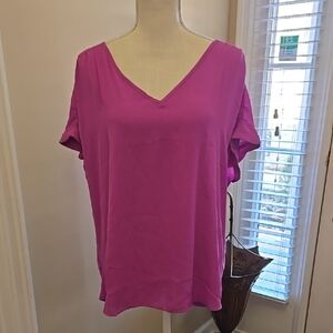Women's V-Neck Cap cuff sleeve Top Mulberry curved hem tricot rayon XL New…